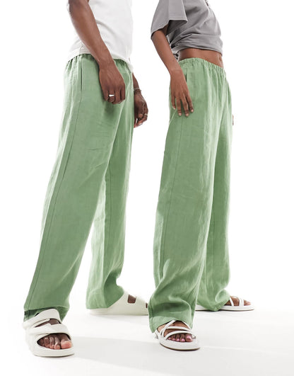 Weekday Unisex Seth linen trousers in green exclusive to ASOS