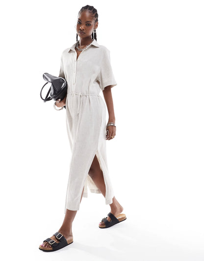 Weekday Carla linen mix midi shirt dress in off-white
