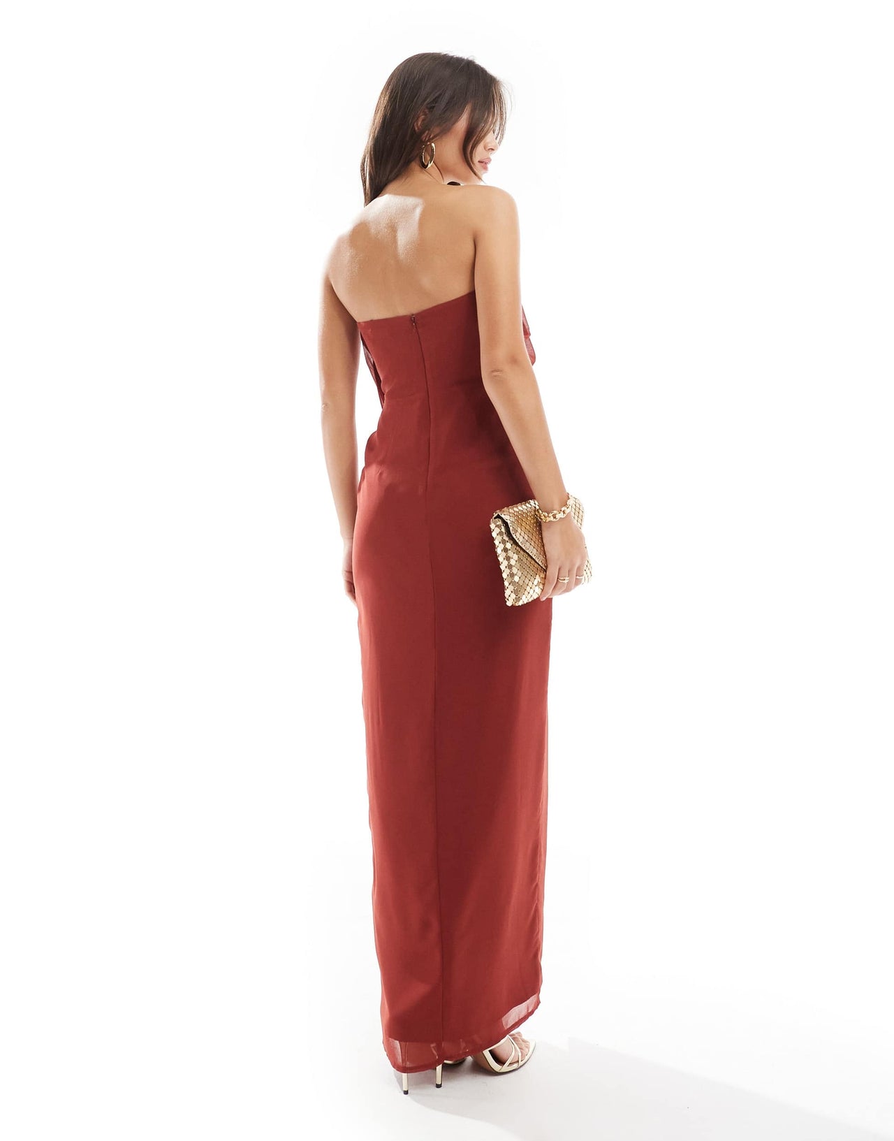 ASOS DESIGN bandeau draped maxi dress in burnt red