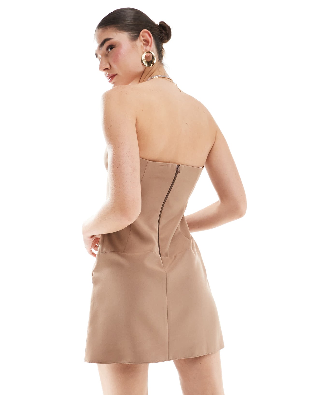 ASOS DESIGN sweetheart neckline structured mini dress with buckle detail in camel