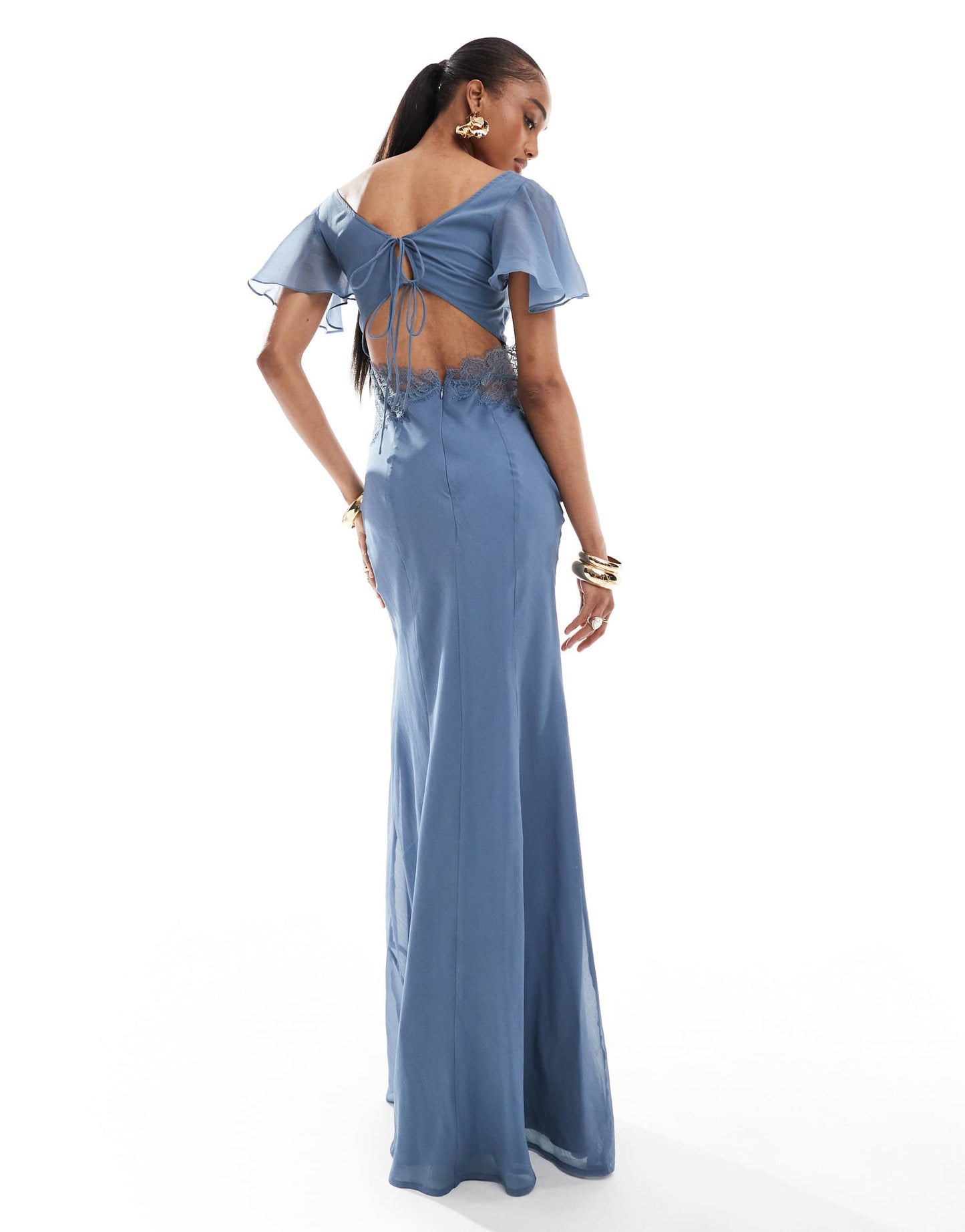 ASOS DESIGN Tall flutter sleeve maxi dress with lace insert in dusky blue