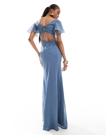 ASOS DESIGN Tall flutter sleeve maxi dress with lace insert in dusky blue