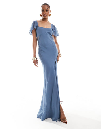 ASOS DESIGN Tall flutter sleeve maxi dress with lace insert in dusky blue