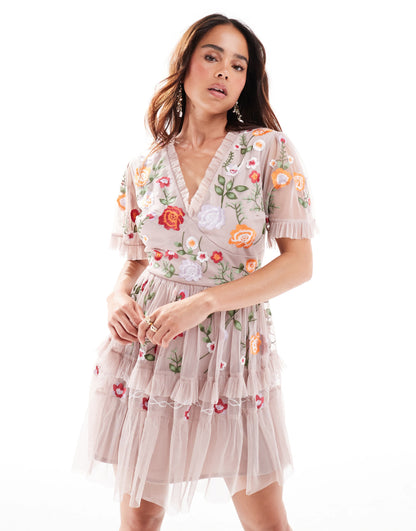 Maya embroidered mini dress with lace trims in taupe