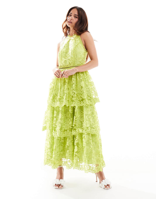 Maya halterneck tiered lace midi dress in chartreuse