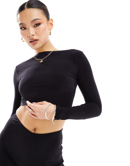 Kaiia exclusive double layered slinky long sleeve low back top in black
