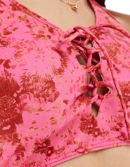Reclaimed Vintage long line bikini top with macrame detail in pink print