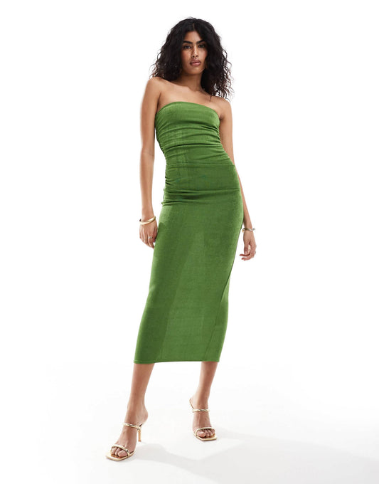 New Look ruched side bandeau midi dress in green