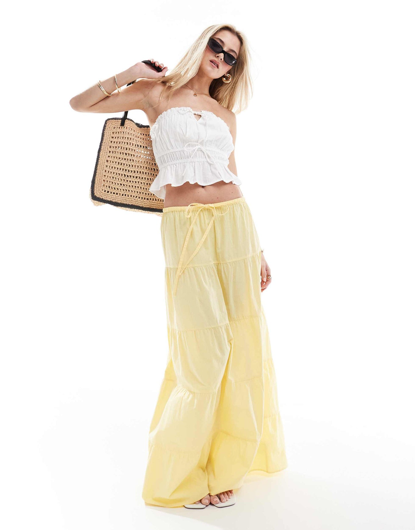 New Look ruched tie front bandeau top in white