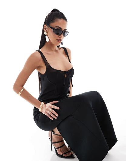 ASOS DESIGN sheer cup detail midi dress with lace up front in black