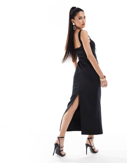 ASOS DESIGN sheer cup detail midi dress with lace up front in black