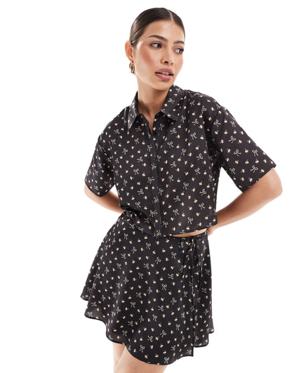 ASOS DESIGN crop satin  shirt in bow print co-ord