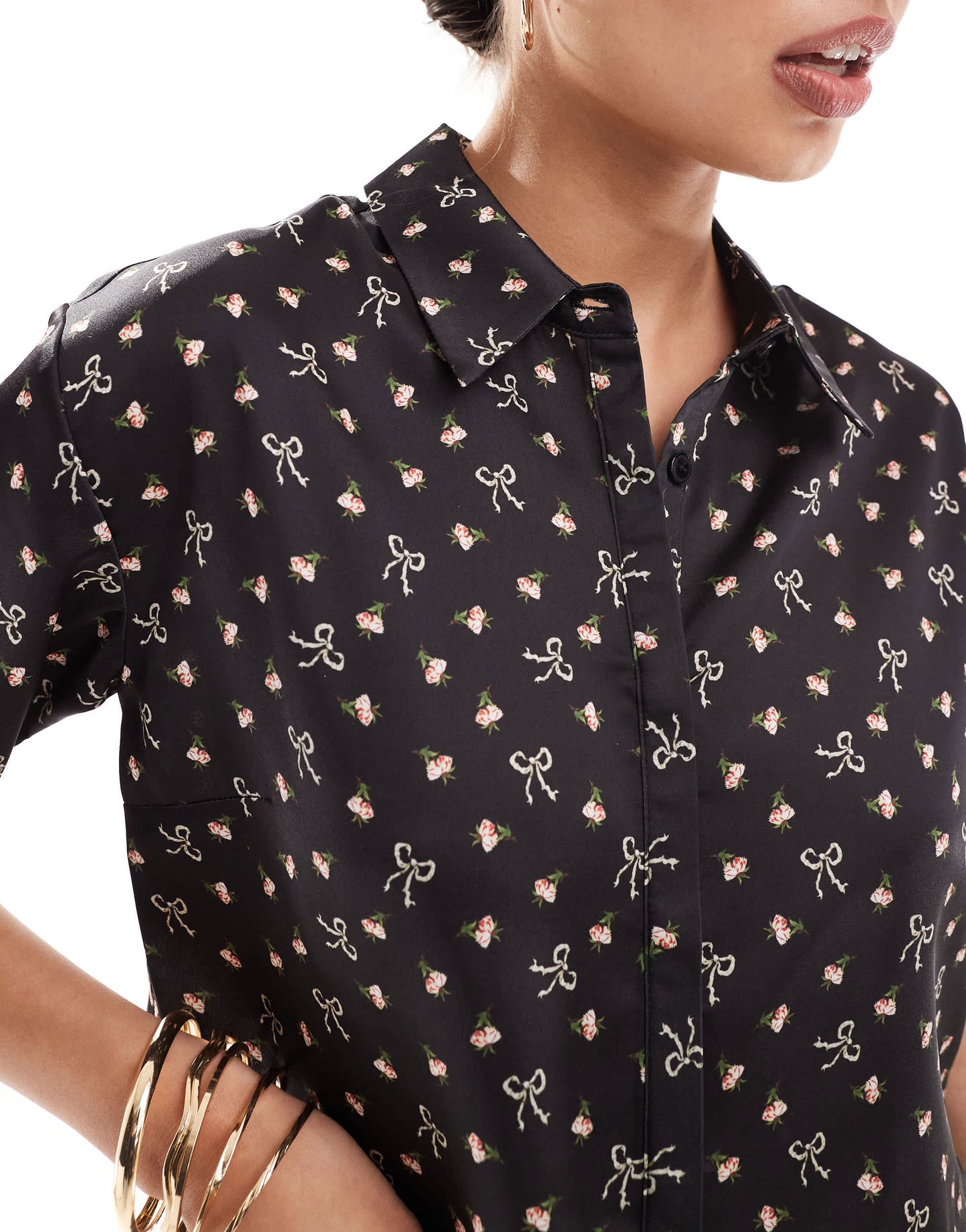 ASOS DESIGN crop satin  shirt in bow print co-ord