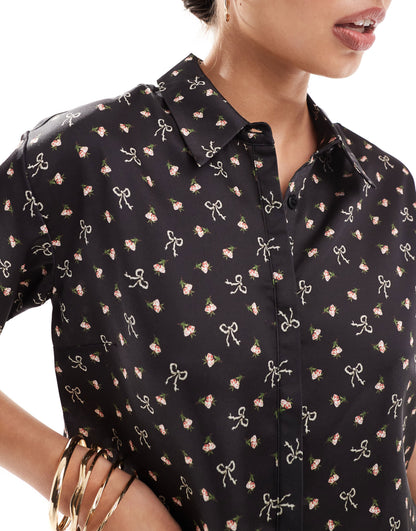 ASOS DESIGN crop satin  shirt in bow print co-ord