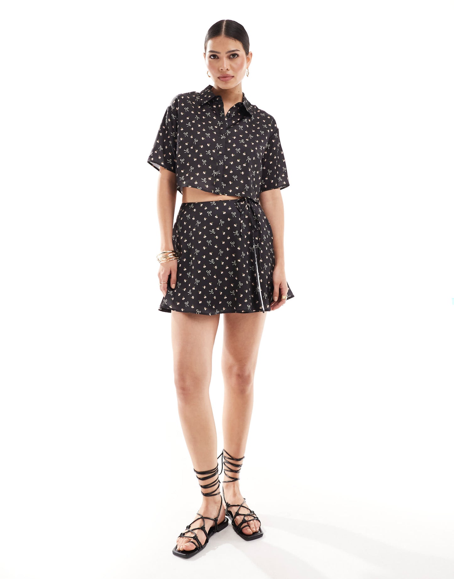 ASOS DESIGN crop satin  shirt in bow print co-ord