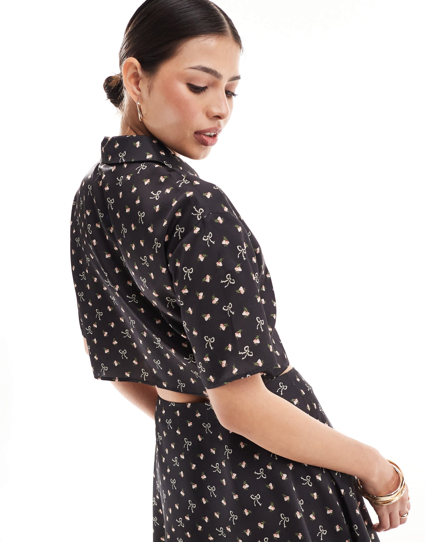 ASOS DESIGN crop satin  shirt in bow print co-ord
