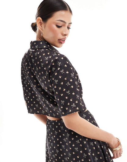 ASOS DESIGN crop satin  shirt in bow print co-ord