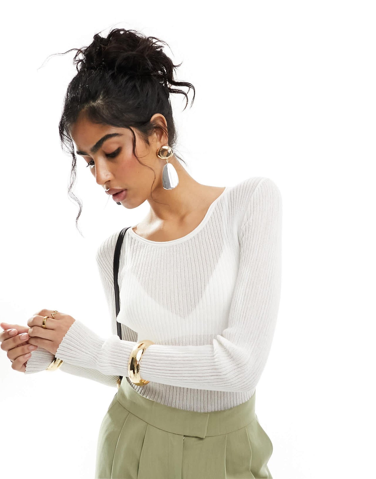 & Other Stories sheer knitted v neck long sleeve top in white