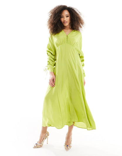 & Other Stories drapey midaxi dress with ruche tie volume sleeves in green