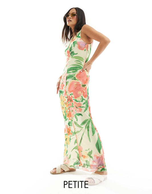 Vero Moda Petite sleeveless lettuce edge mesh dress in summer floral print