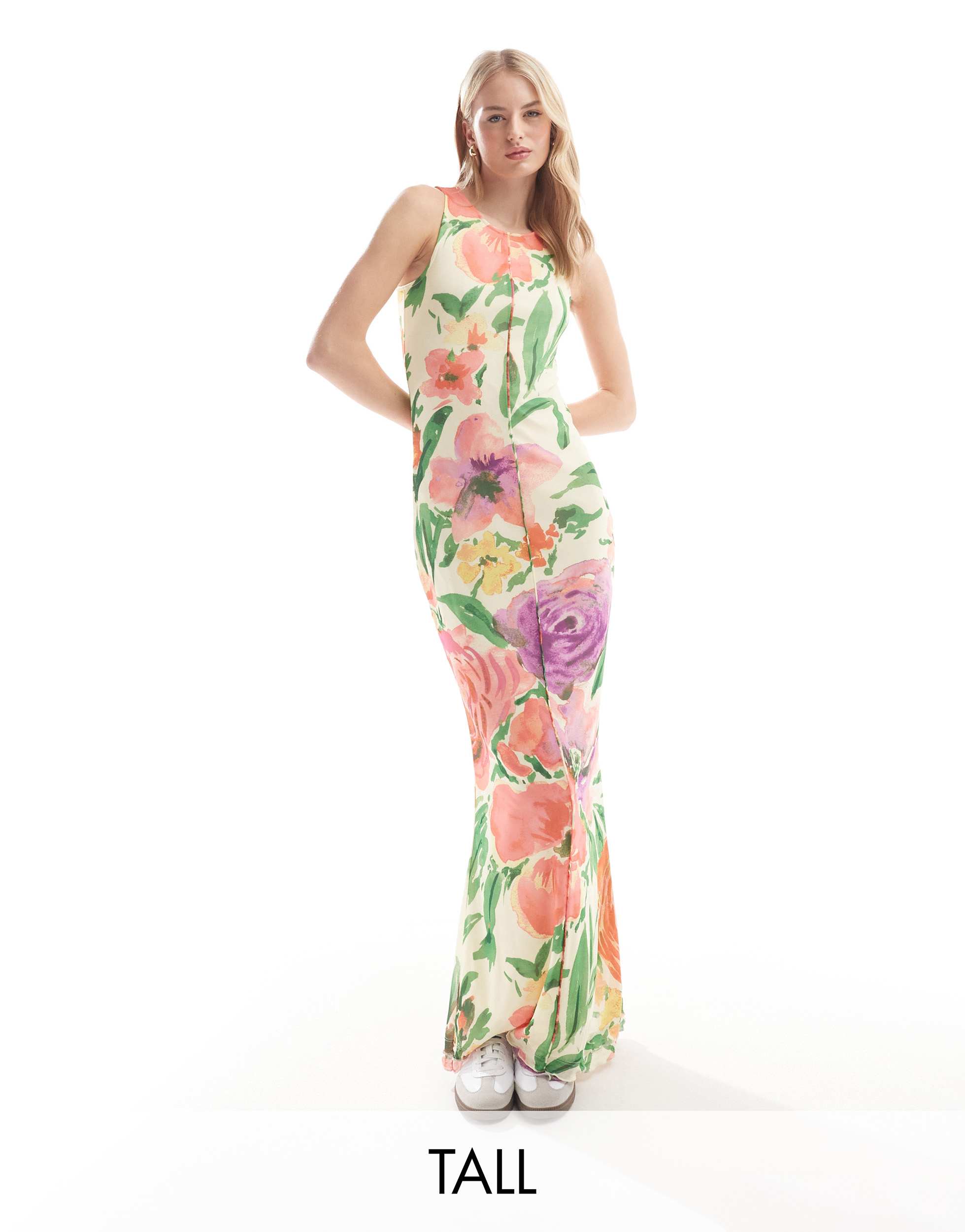 Vero Moda Tall sleeveless lettuce edge mesh dress in summer floral print