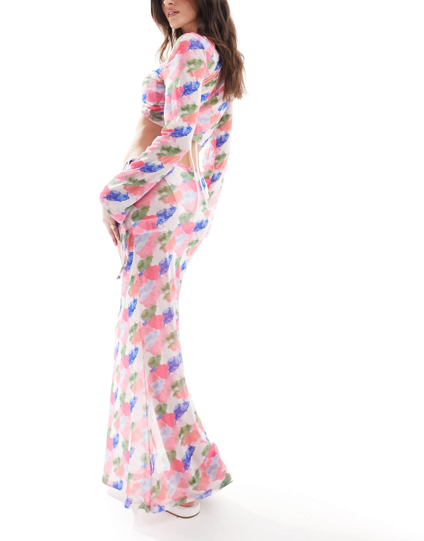 Vero Moda beach mesh maxi skirt co-ord in blurred watercolour print
