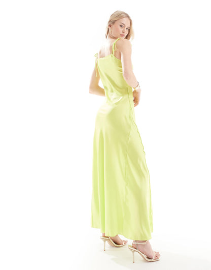Vero Moda Tall satin tie shoulder maxi slip dress with seam detail in lime