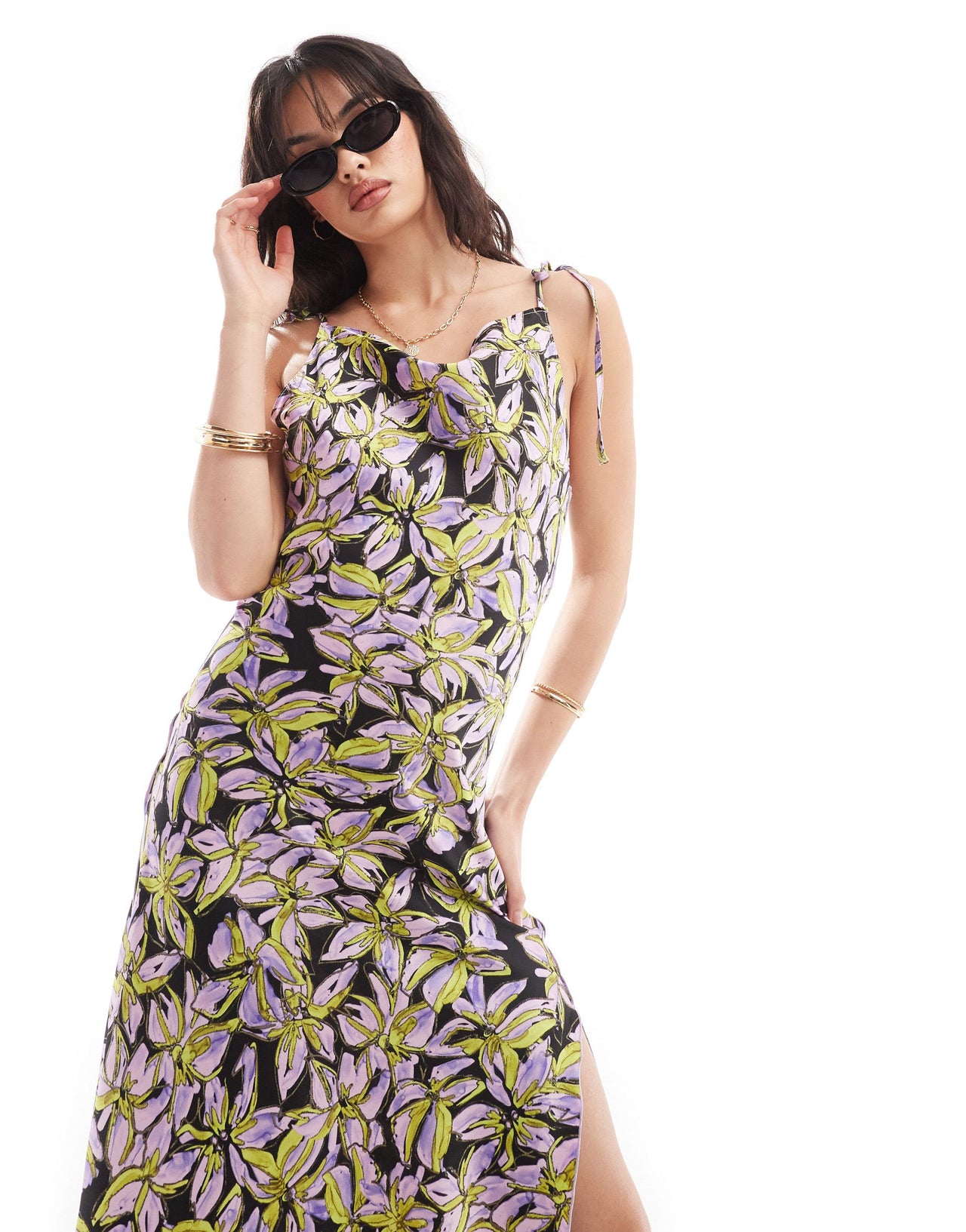 Vero Moda satin tie shoulder maxi slip dress with seam detail in purple print