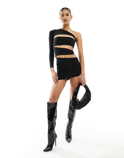 Missyempire slinky one sleeve cut out mini dress in black