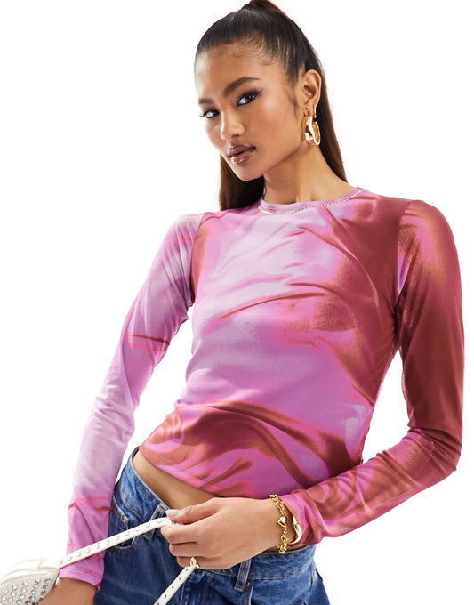 ASOS DESIGN printed mesh base layer long sleeve top in pink floral