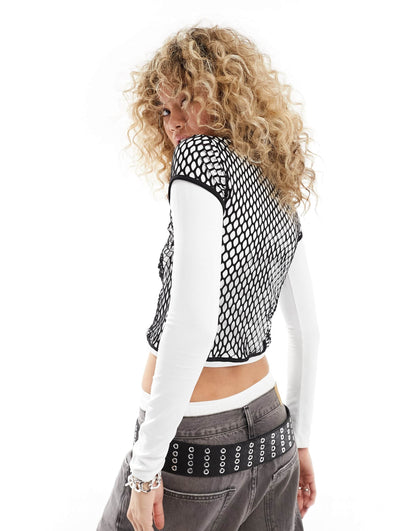 ASOS DEISGN double layer top with mesh in ivory