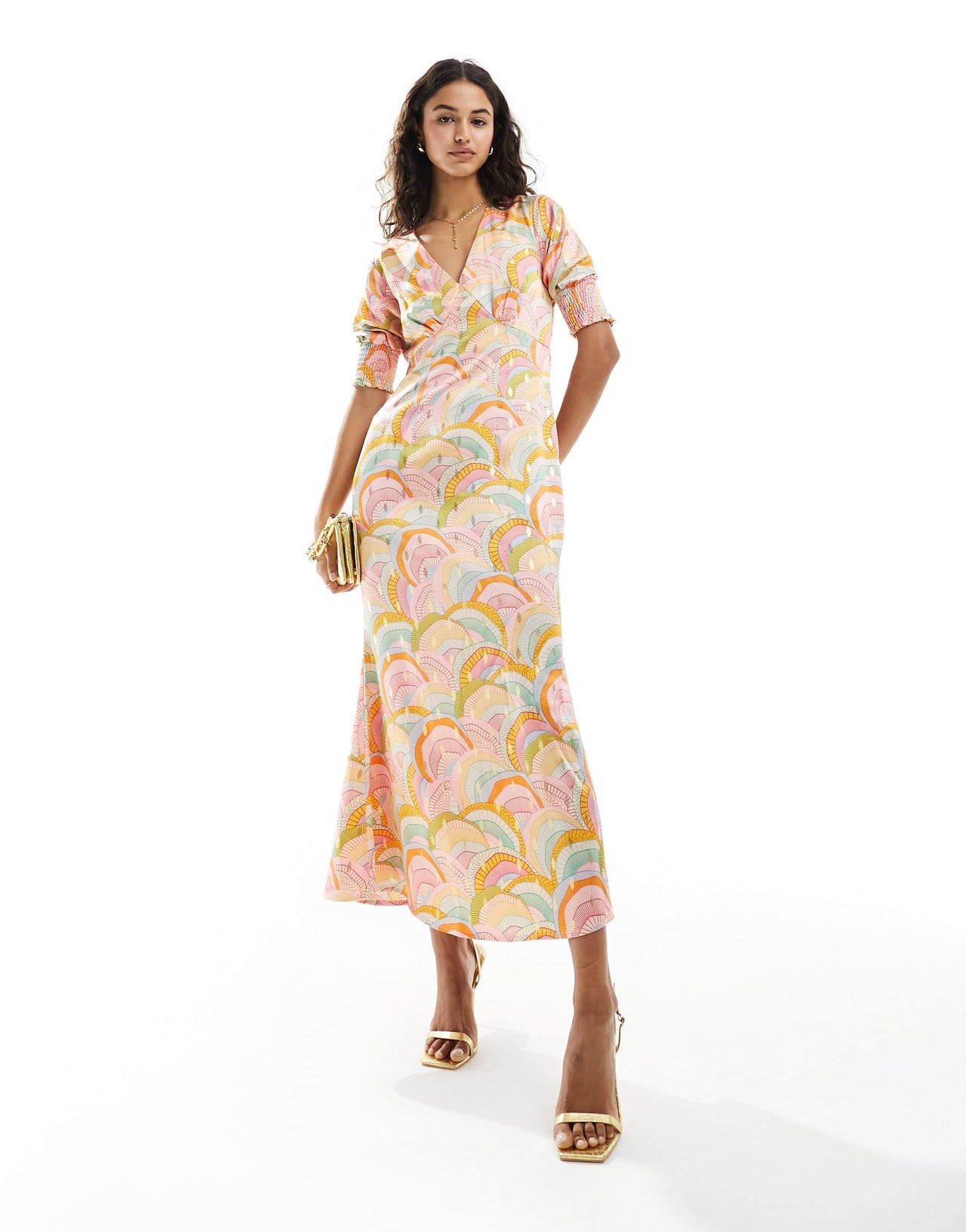 Never Fully Dressed metallic puff sleeve midaxi dress in rainbow print