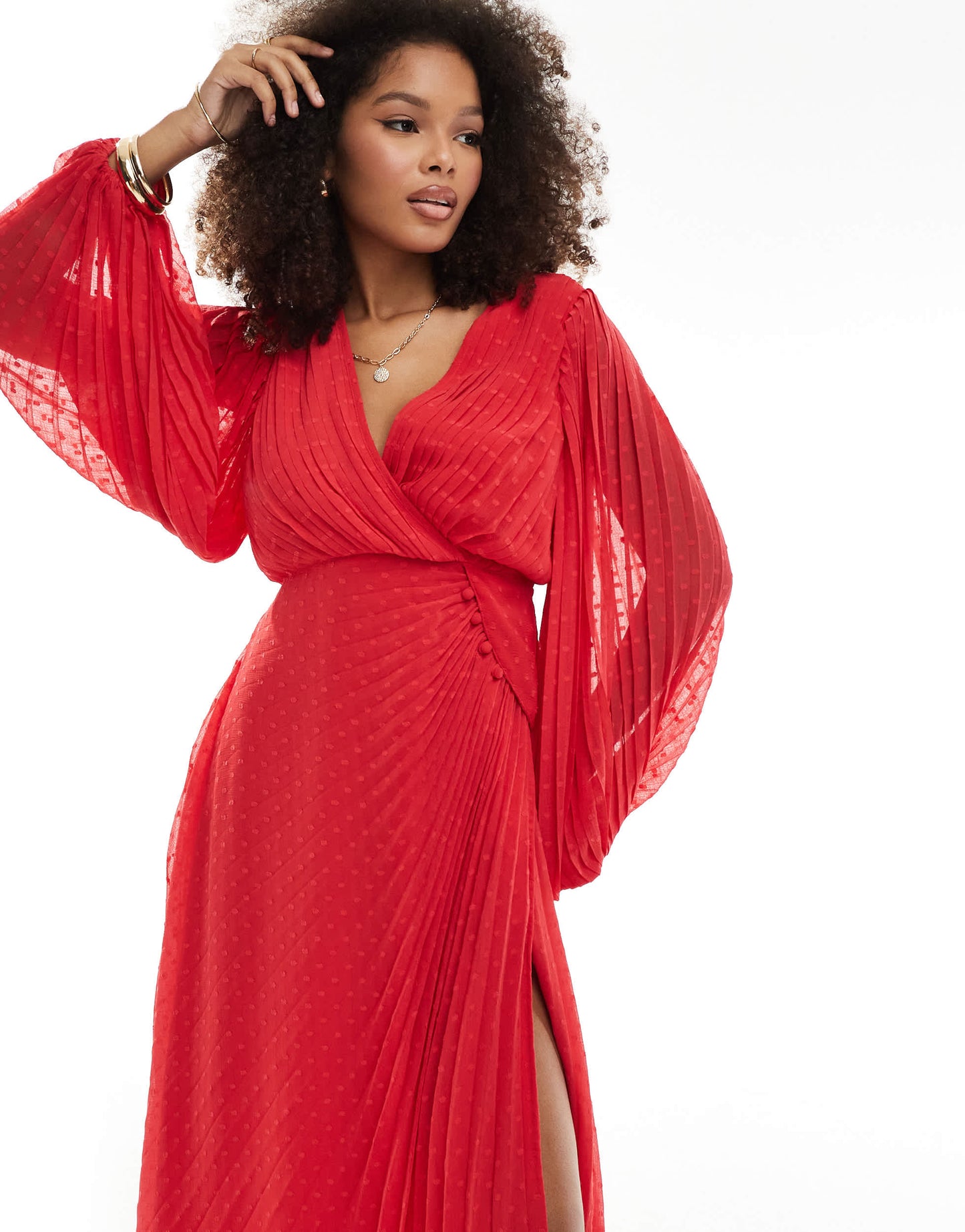 ASOS DESIGN pleated dobby chiffon wrap button detail maxi dress in red
