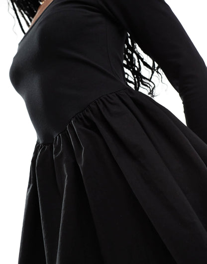 ASOS DESIGN square neck long sleeve mini dress with bubble hem in black