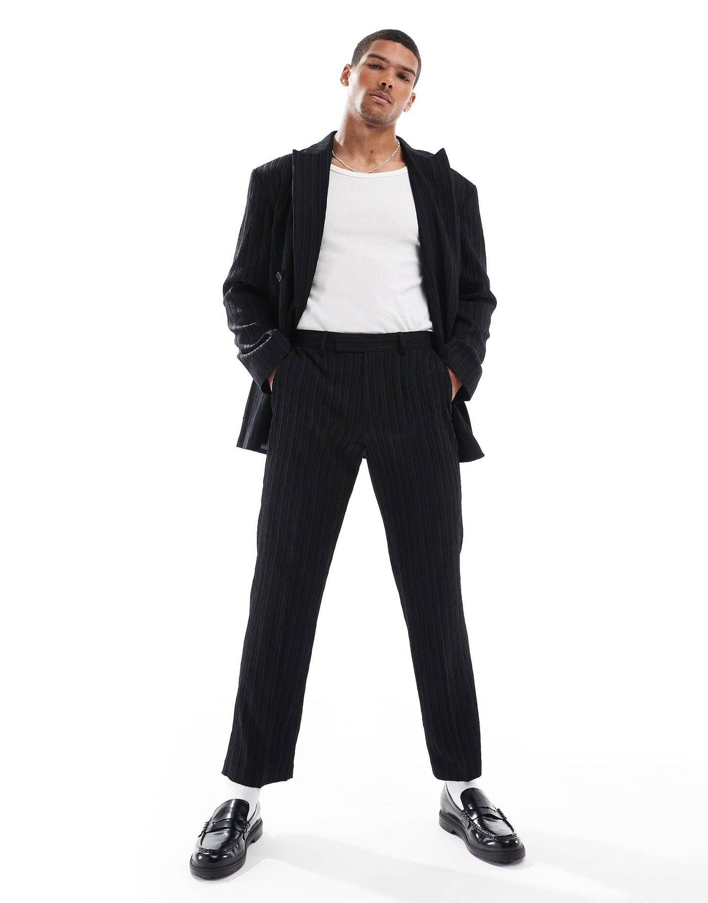 ASOS DESIGN straight leg suit trousers in black textured fabric