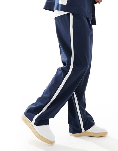 ASOS DESIGN smart co-ord wide leg trousers in navy with white side stripe