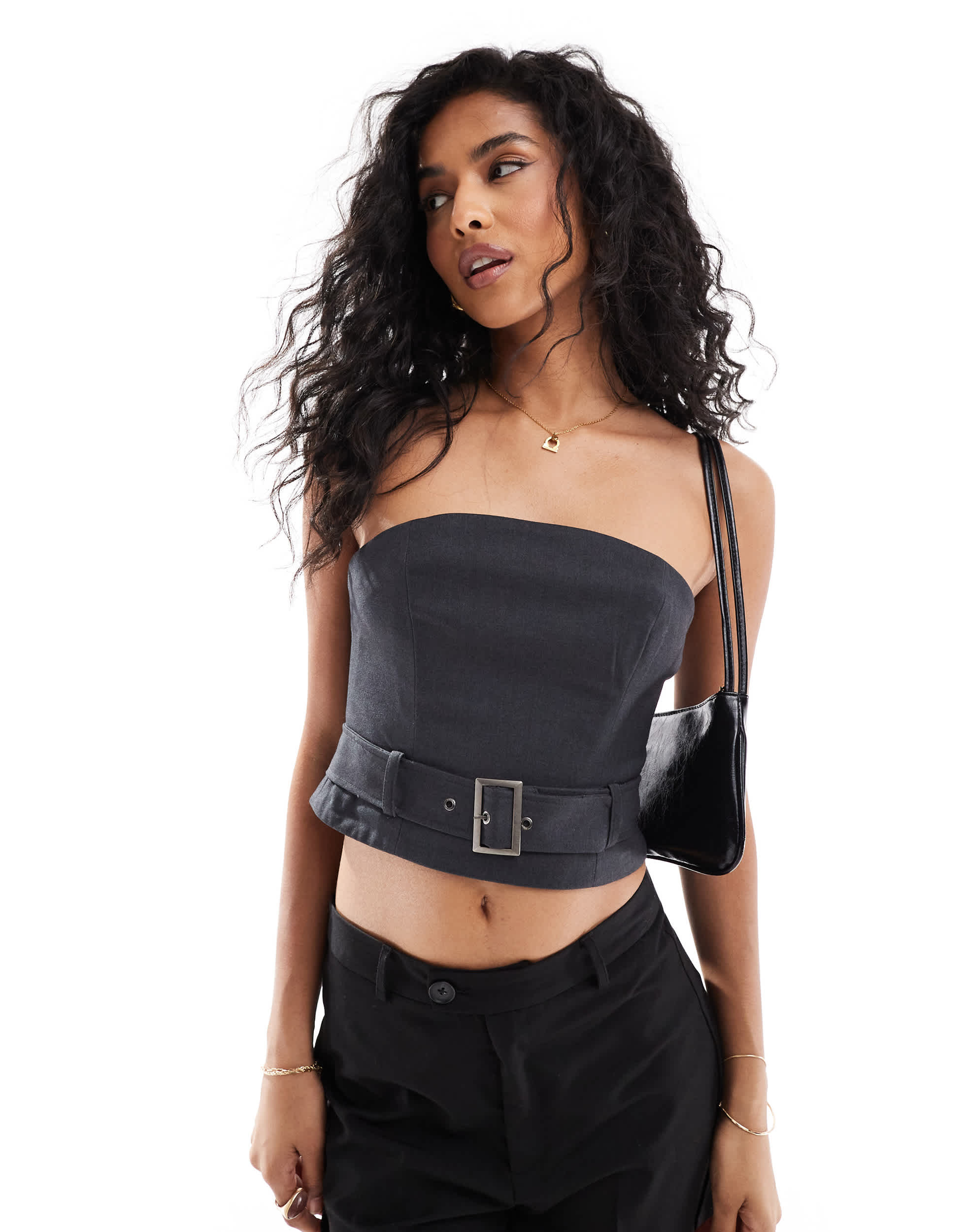 ASOS DESIGN tailored bandeau top with belt detail in charcoal