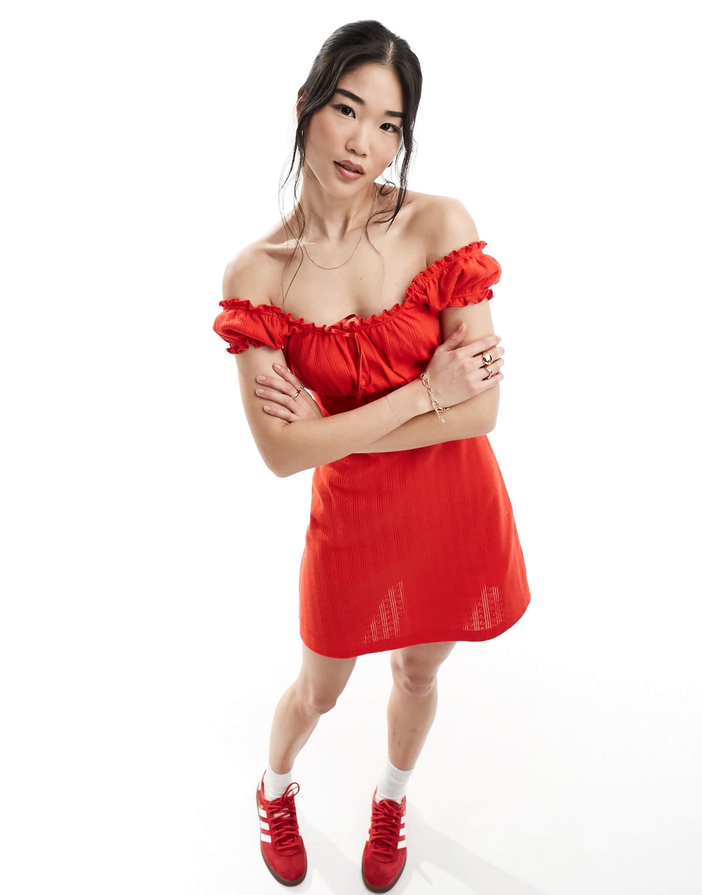 ASOS DESIGN milkmaid mini dress in red pointelle