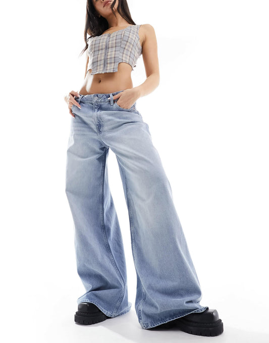 Monki Giga ultra loose fit low rise jeans in rad tinted blue