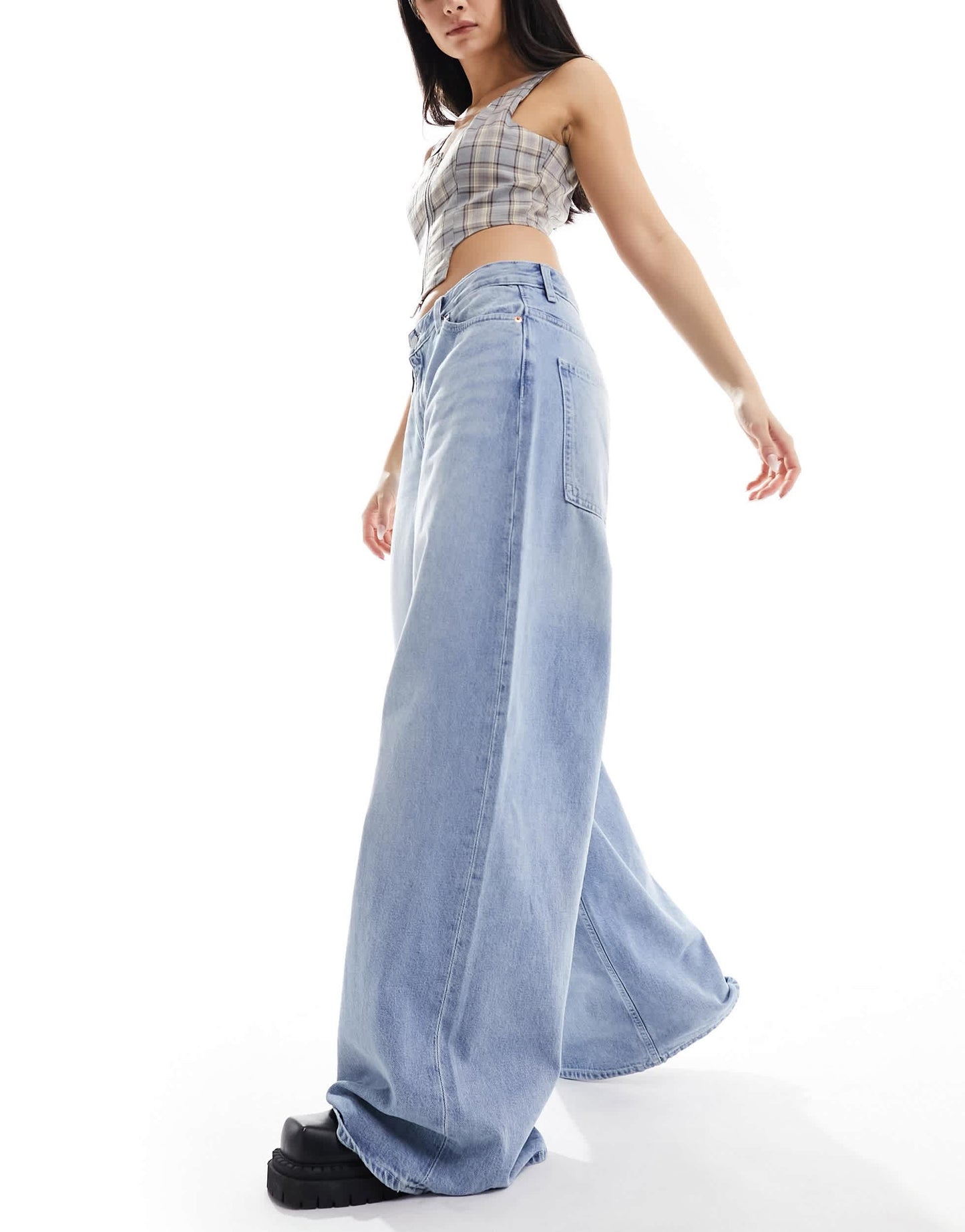 Monki Giga ultra loose fit low rise jeans in rad tinted blue