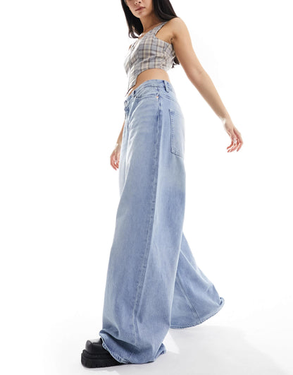 Monki Giga ultra loose fit low rise jeans in rad tinted blue