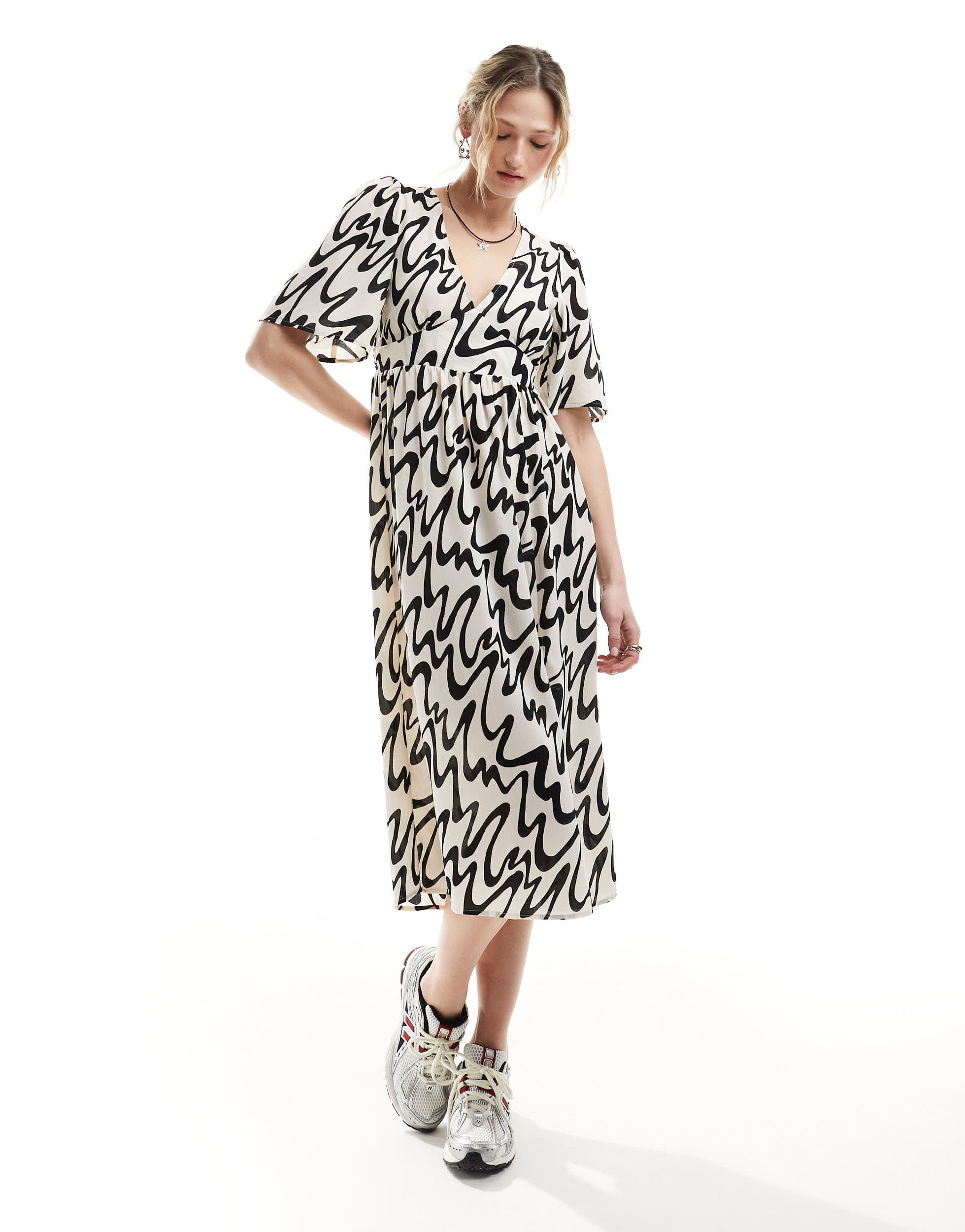 Monki short sleeve midi sun dress with side split in mono abstract print exclusive to ASOS