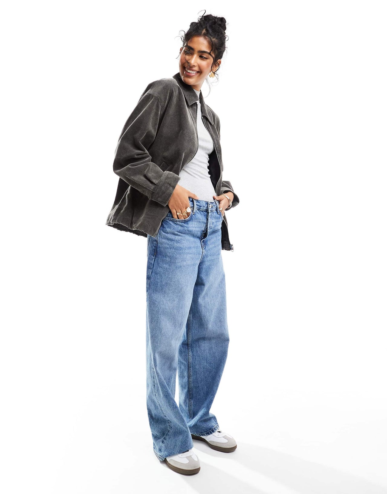 ASOS DESIGN cord washed harrington jacket in charcoal