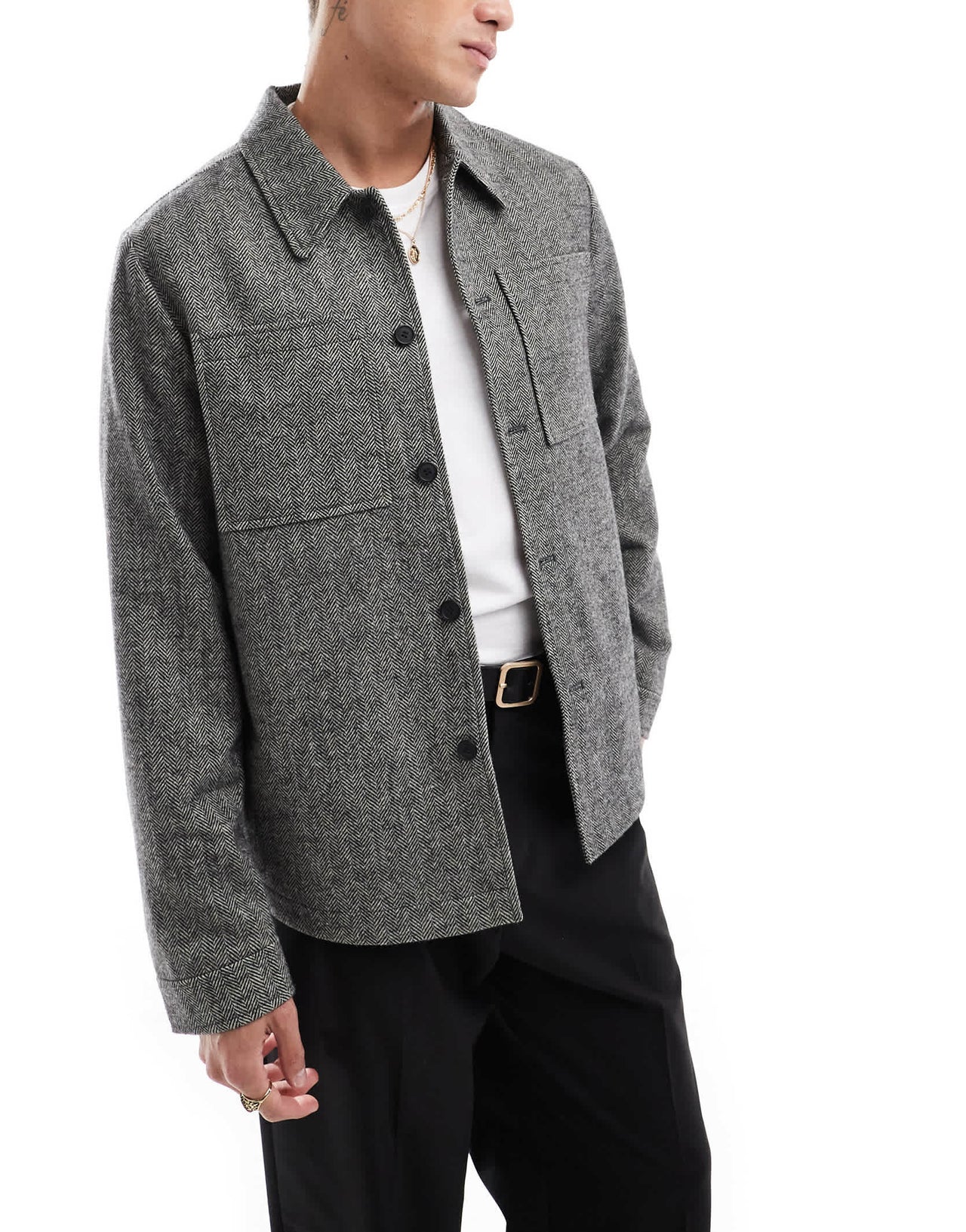 ASOS DESIGN herringbone wool look shacket in grey