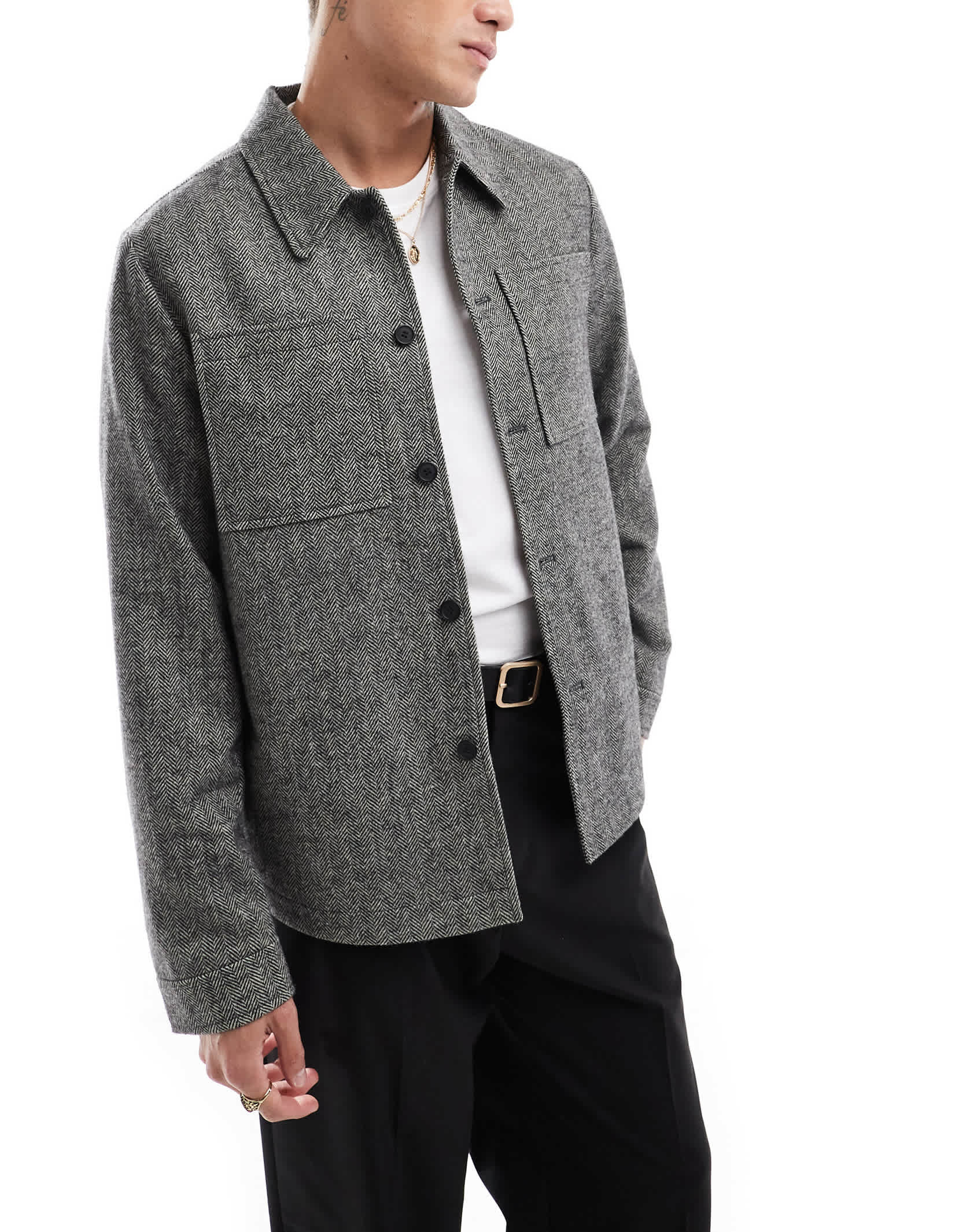 ASOS DESIGN herringbone wool look shacket in grey