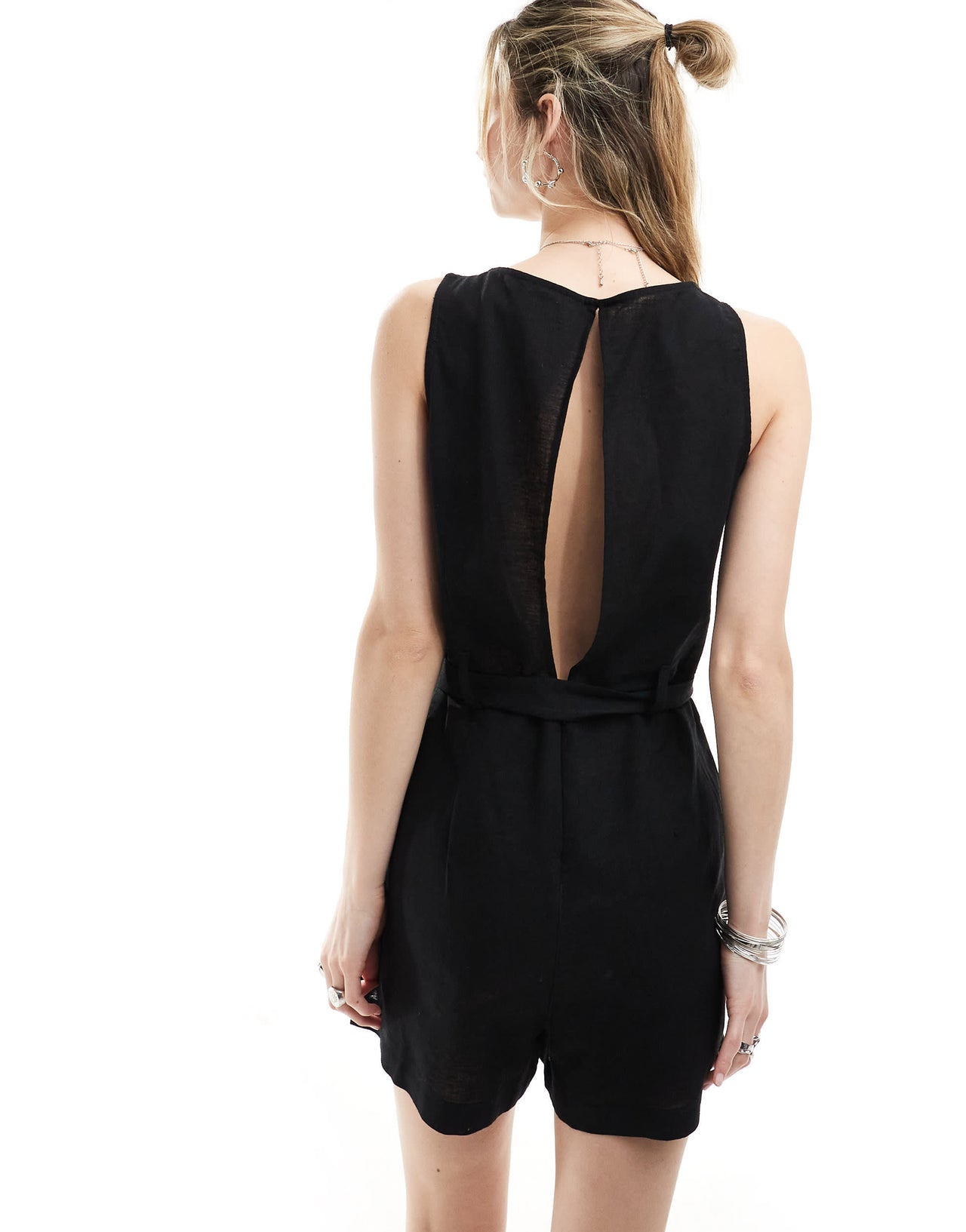 Monki beach linen sleeveless playsuit with tie belt detail in black