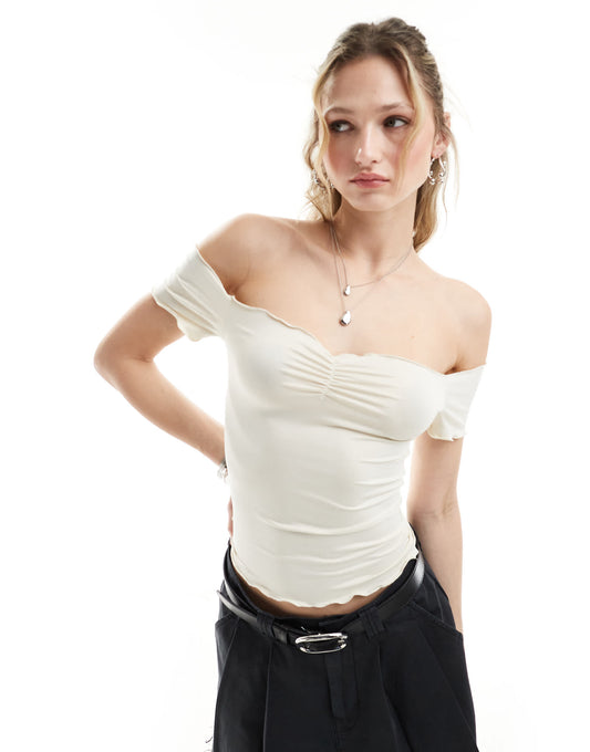 Monki off shoulder top with lettuce edge and ruched sweetheart front in beige