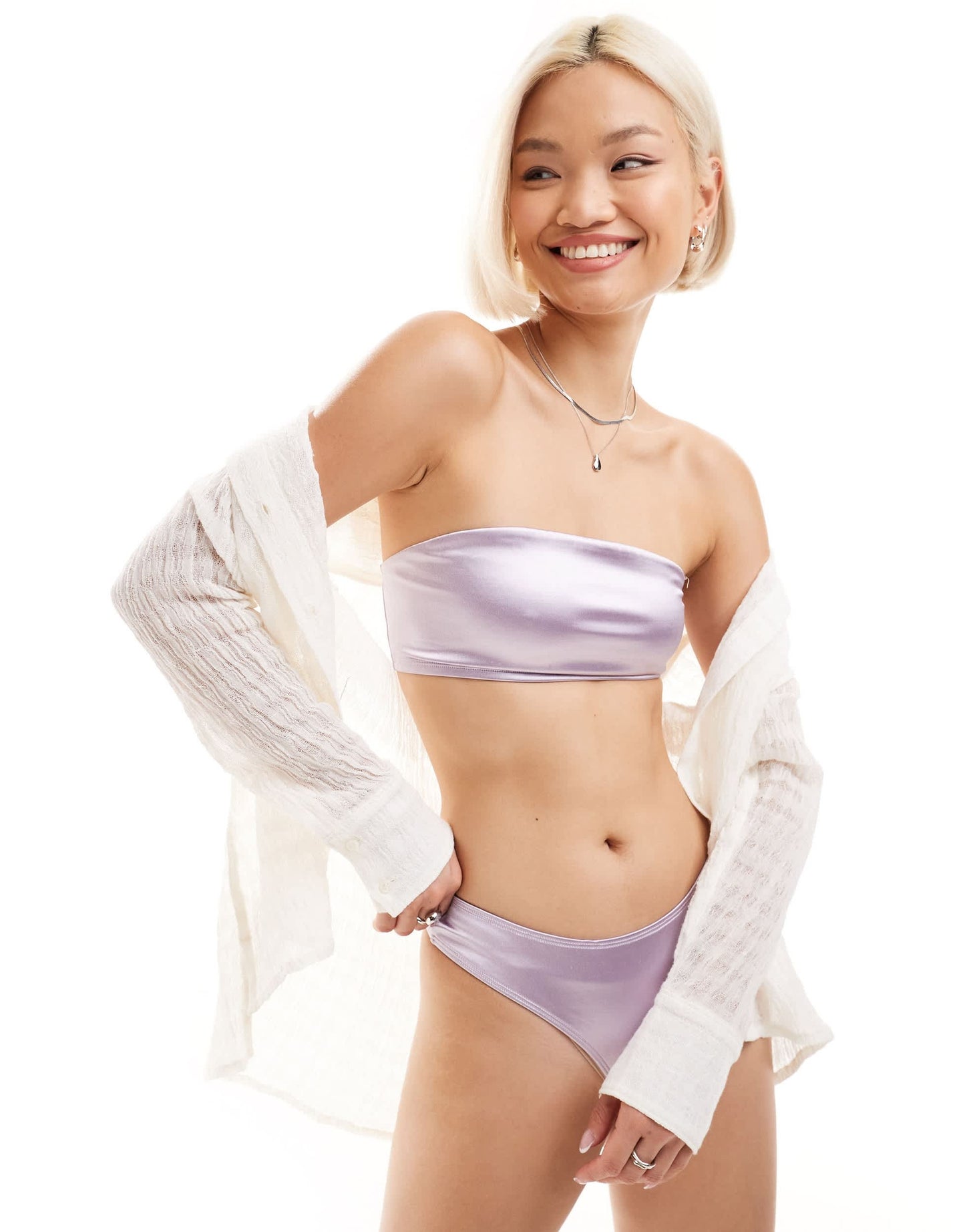 Monki mix and match bandeau bikini top in metallic lilac