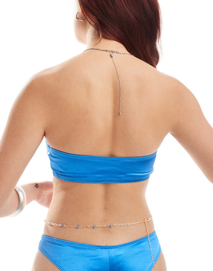 Monki mix and match co-ord bandeau bikini top in metallic blue