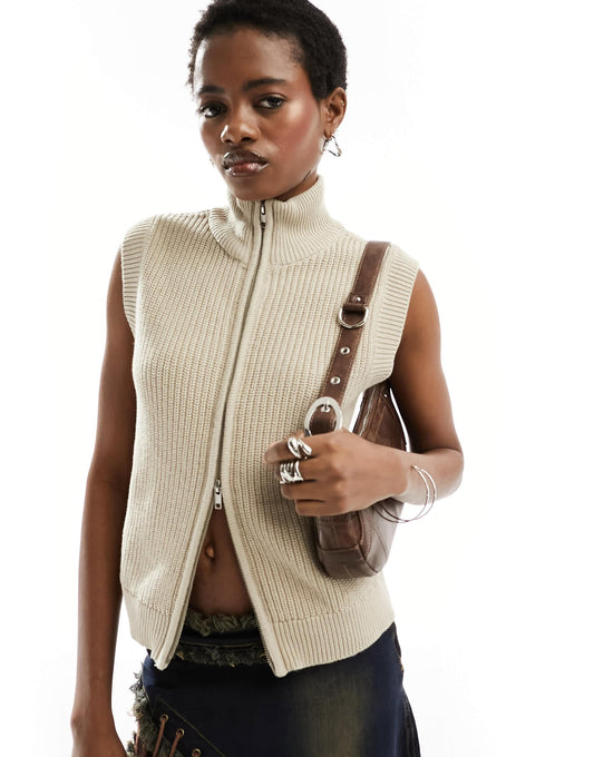 Monki fitted knitted vest top with front zip in  two tone beige